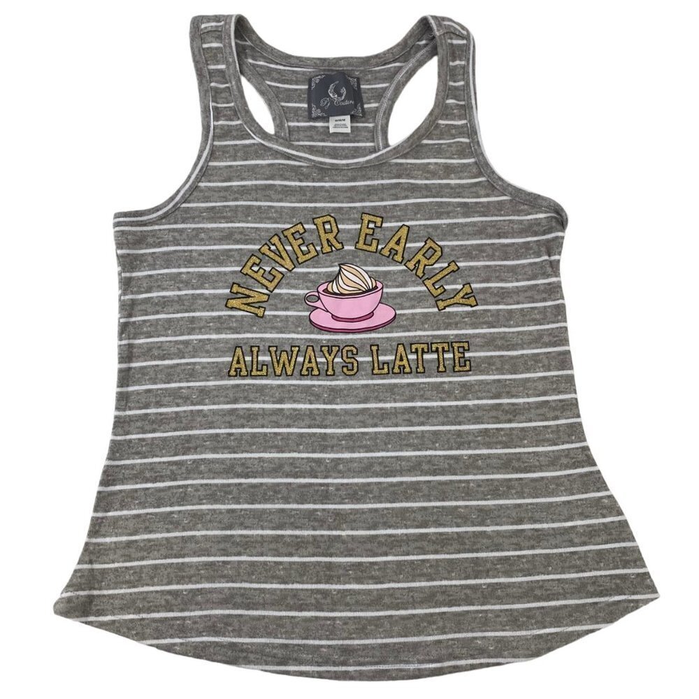 PJ Couture NEVER EARLY ALWAYS LATTE Gray White Stripe Racerback Tank Top Medium